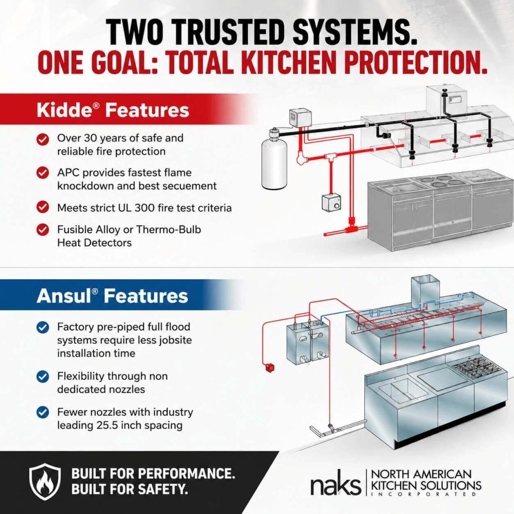 Infographic comparing Kidde and Ansul commercial kitchen fire suppression system features