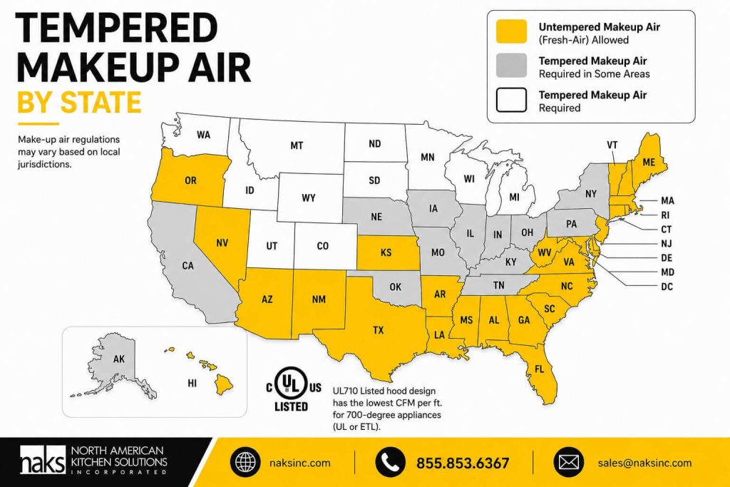 Map showing tempered makeup air requirements by state across the United States