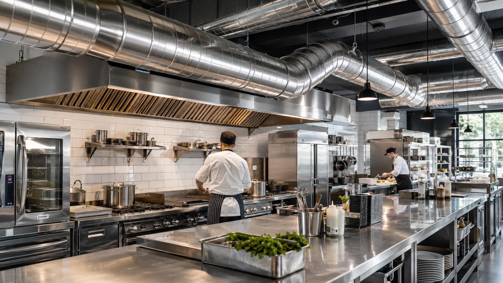 Commercial kitchen with stainless steel round ductwork, exhaust hoods, and chefs at work