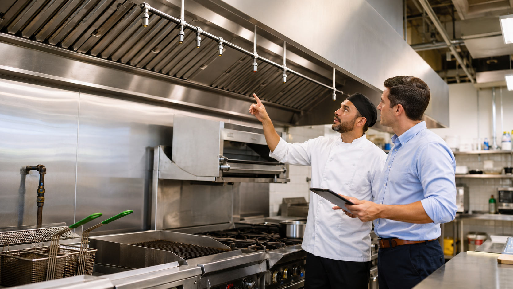 Chef and kitchen manager inspect fire suppression nozzles beneath a commercial kitchen exhaust hood
