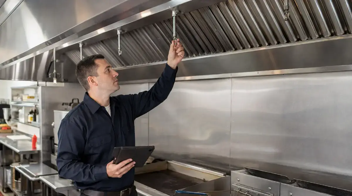 Technician checking a commercial kitchen fire suppression system during a scheduled inspection