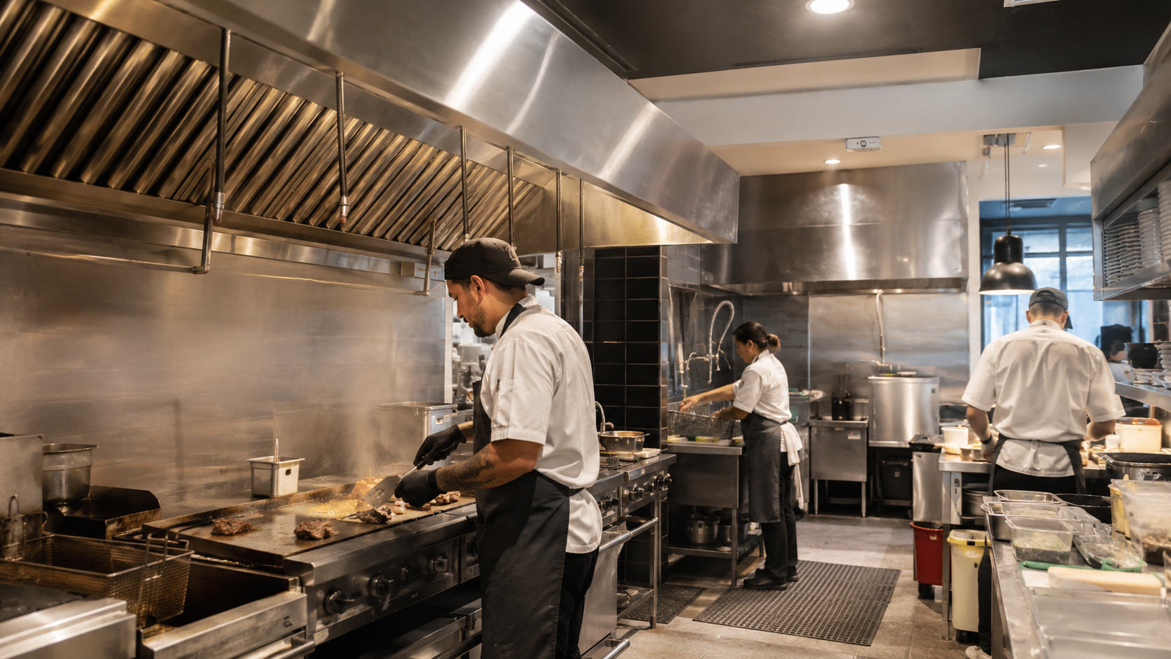 Commercial kitchen staff working beneath stainless steel exhaust hoods in separate cooking and dishwashing areas.