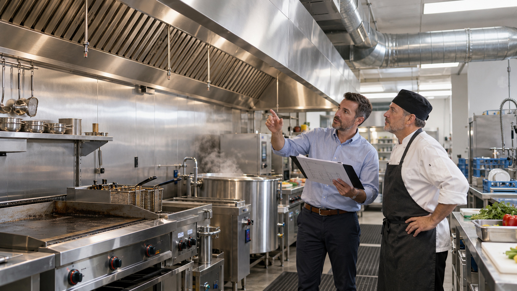 Commercial kitchen designer and chef reviewing Type 1 and Type 2 hood requirements beneath a stainless-steel ventilation system.